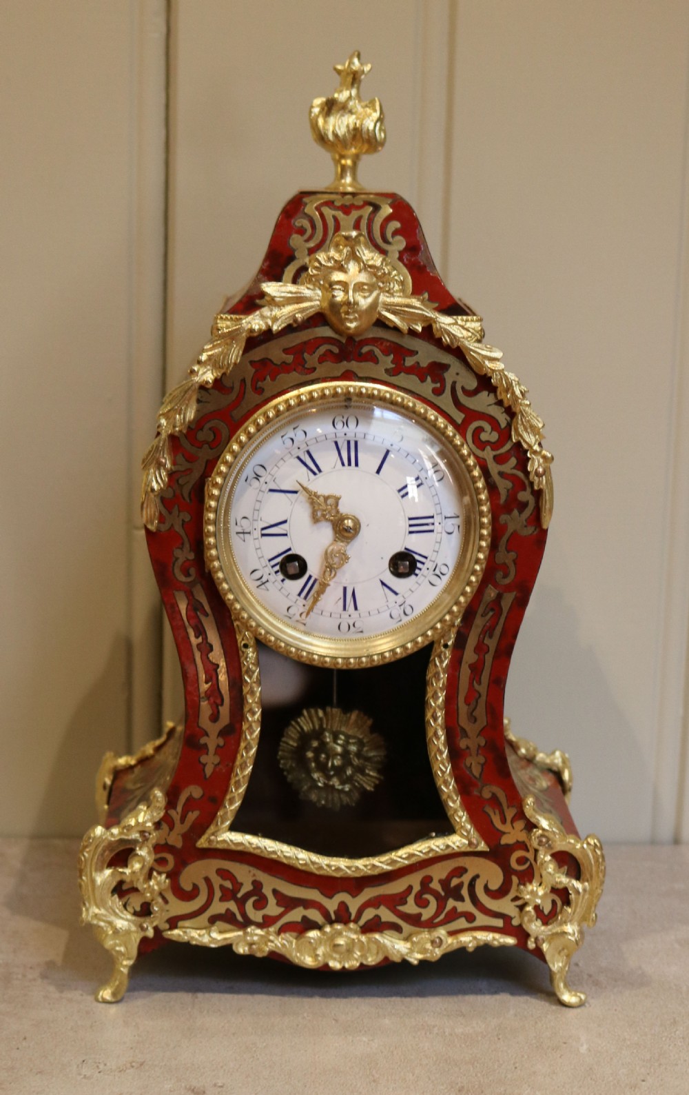 French Tortoiseshell and Brass Inlay Boullework Mantel Clock (France, c. 1870)