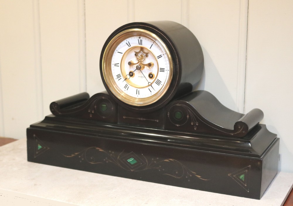 Victorian Visible Escapement Black Slate Mantel Clock (France, c. 1870) View III