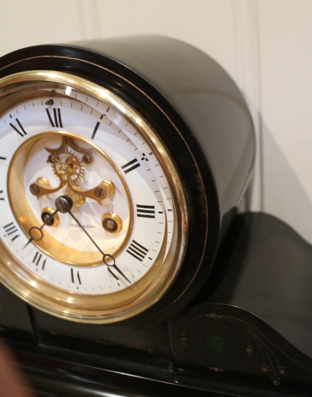 Victorian Visible Escapement Black Slate Mantel Clock (France, c. 1870) View VI