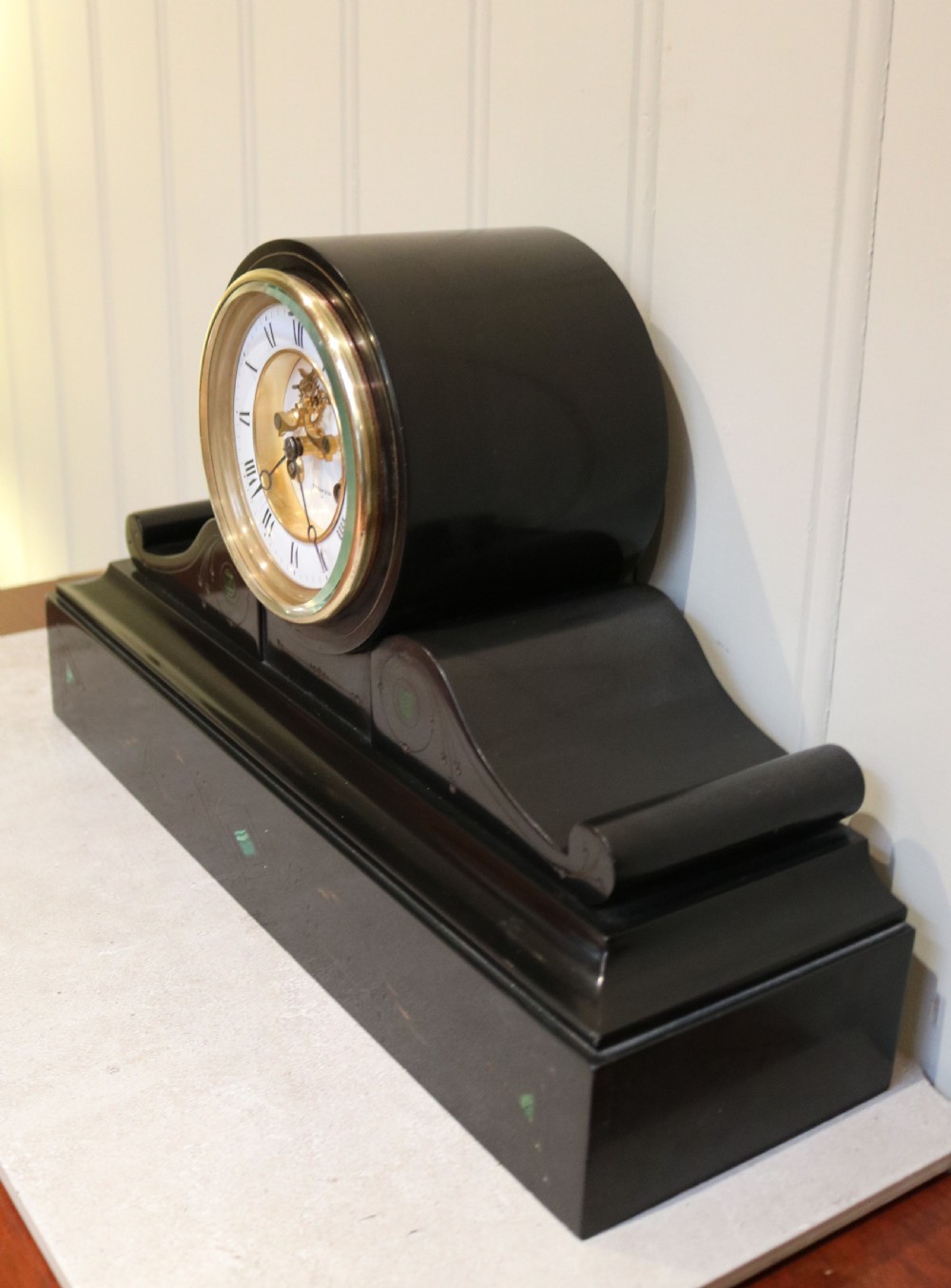 Victorian Visible Escapement Black Slate Mantel Clock (France, c. 1870) View IV