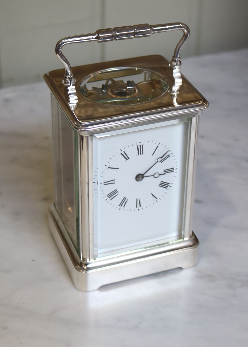 Large Silver Plated French Carriage Clock (France, c. 1890) View V