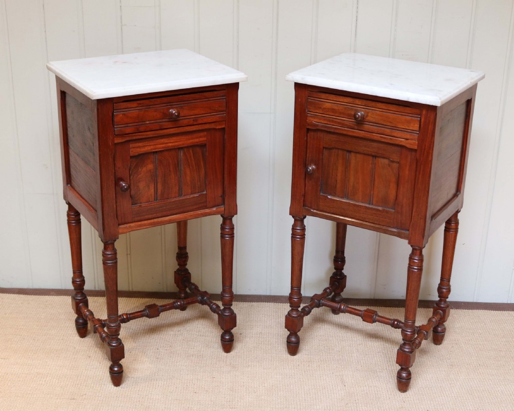 Pair Of French Rosewood Marble Top Bedside Cabinets 