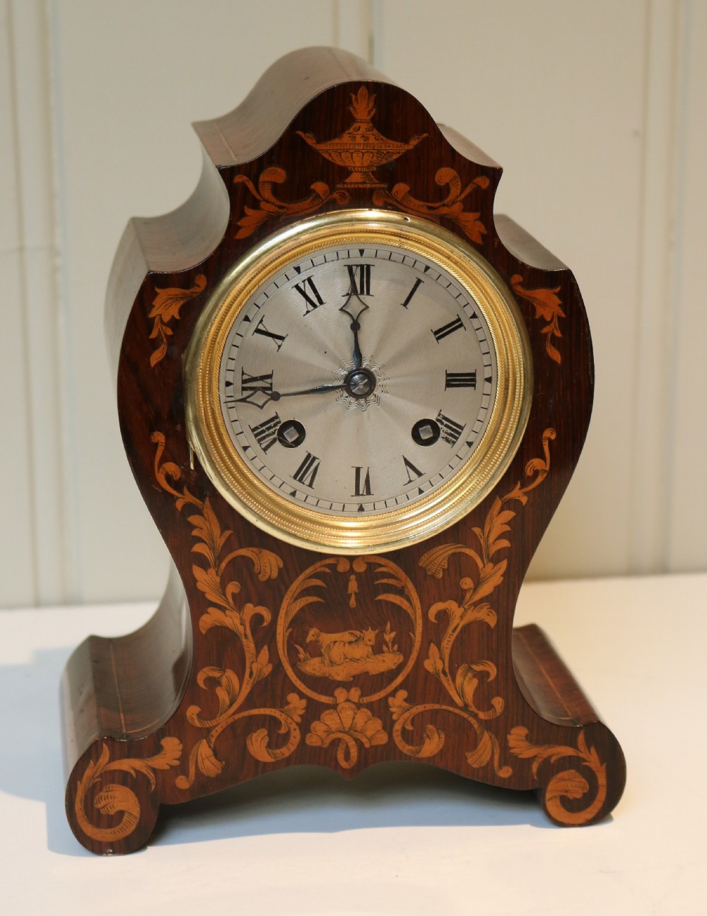 Small Rosewood and Marquetry Mantel Clock (France, c. 1840)