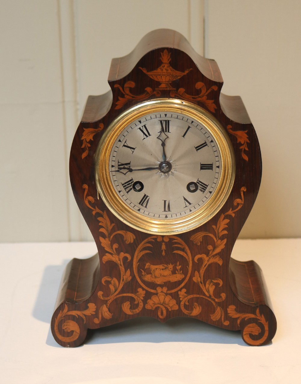 Small Rosewood and Marquetry Mantel Clock (France, c. 1840) View II