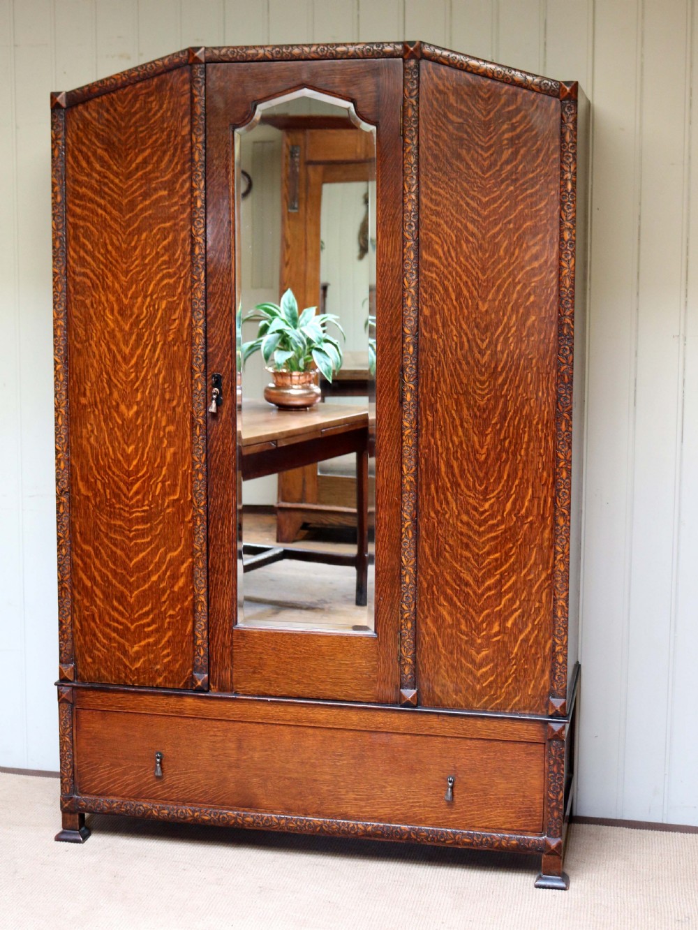 1920s Oak Mirrored Door Wardrobe