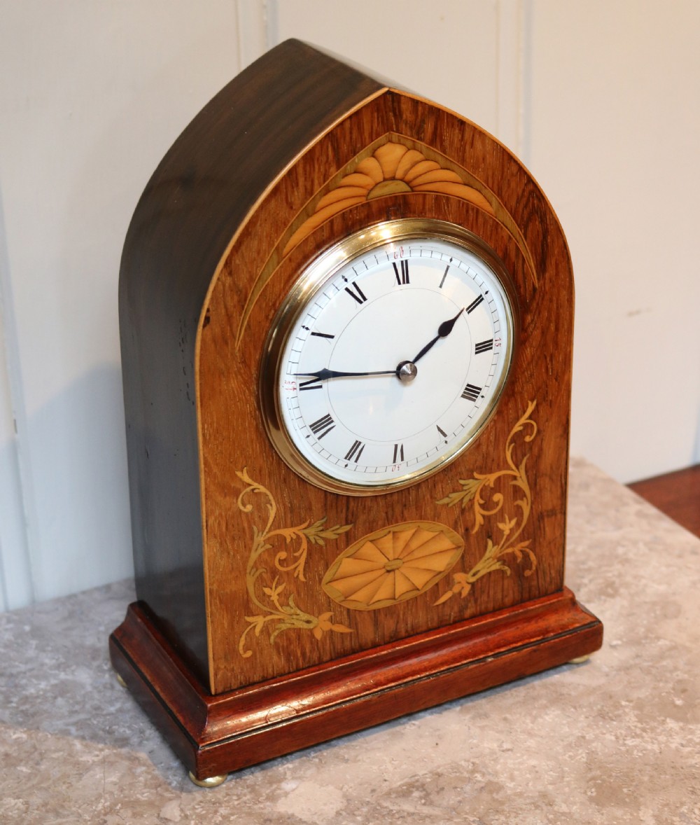 Rosewood and Inlay Lancet Top Clock (English, c. 1900) View II