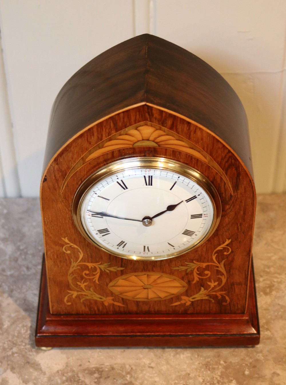 Rosewood and Inlay Lancet Top Clock (English, c. 1900) View IV