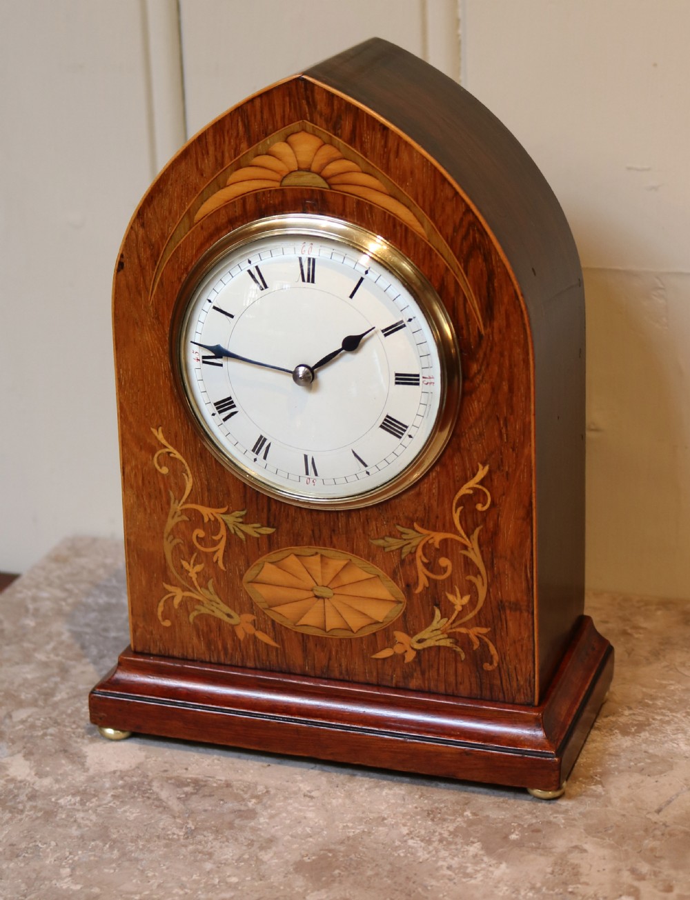Rosewood and Inlay Lancet Top Clock (English, c. 1900) View V