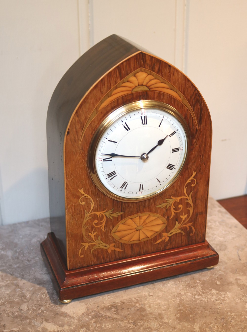 Rosewood and Inlay Lancet Top Clock (English, c. 1900) View VI