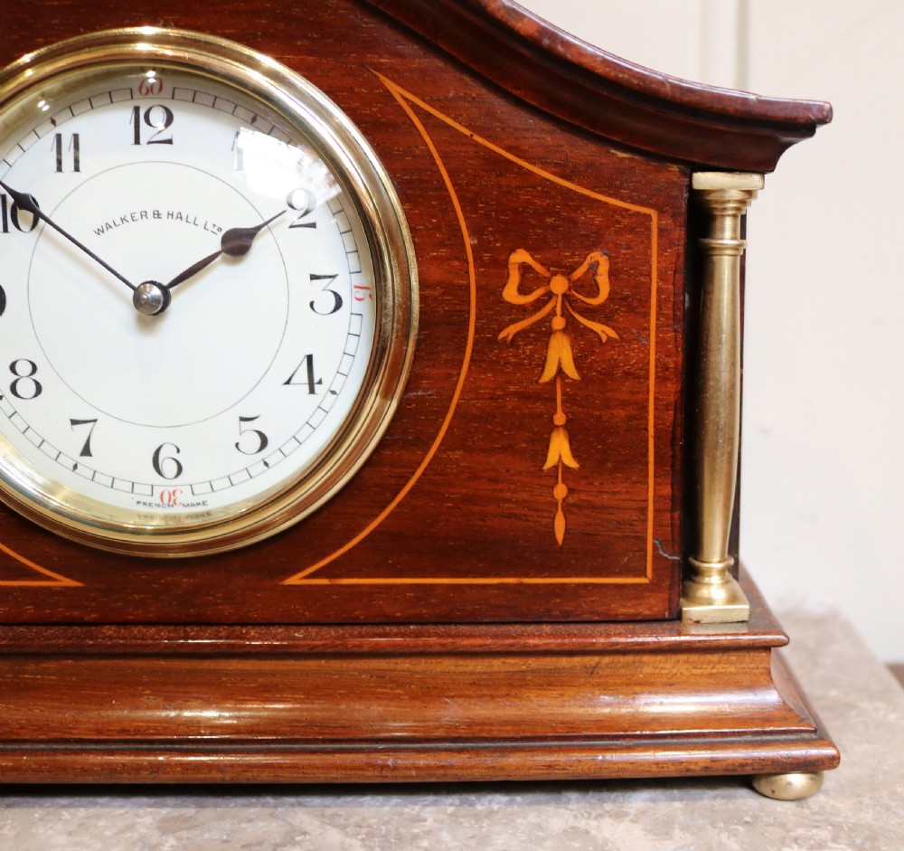 Edwardian Solid Mahogany and Inlay Mantel Clock (England France, c. 1910) View V
