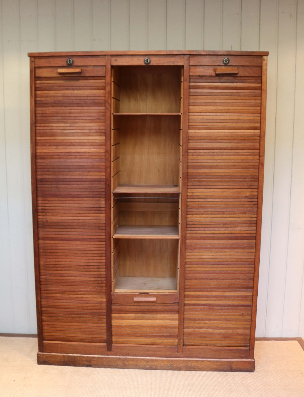 French Oak Triple Tambour Front Filing Cabinet View III