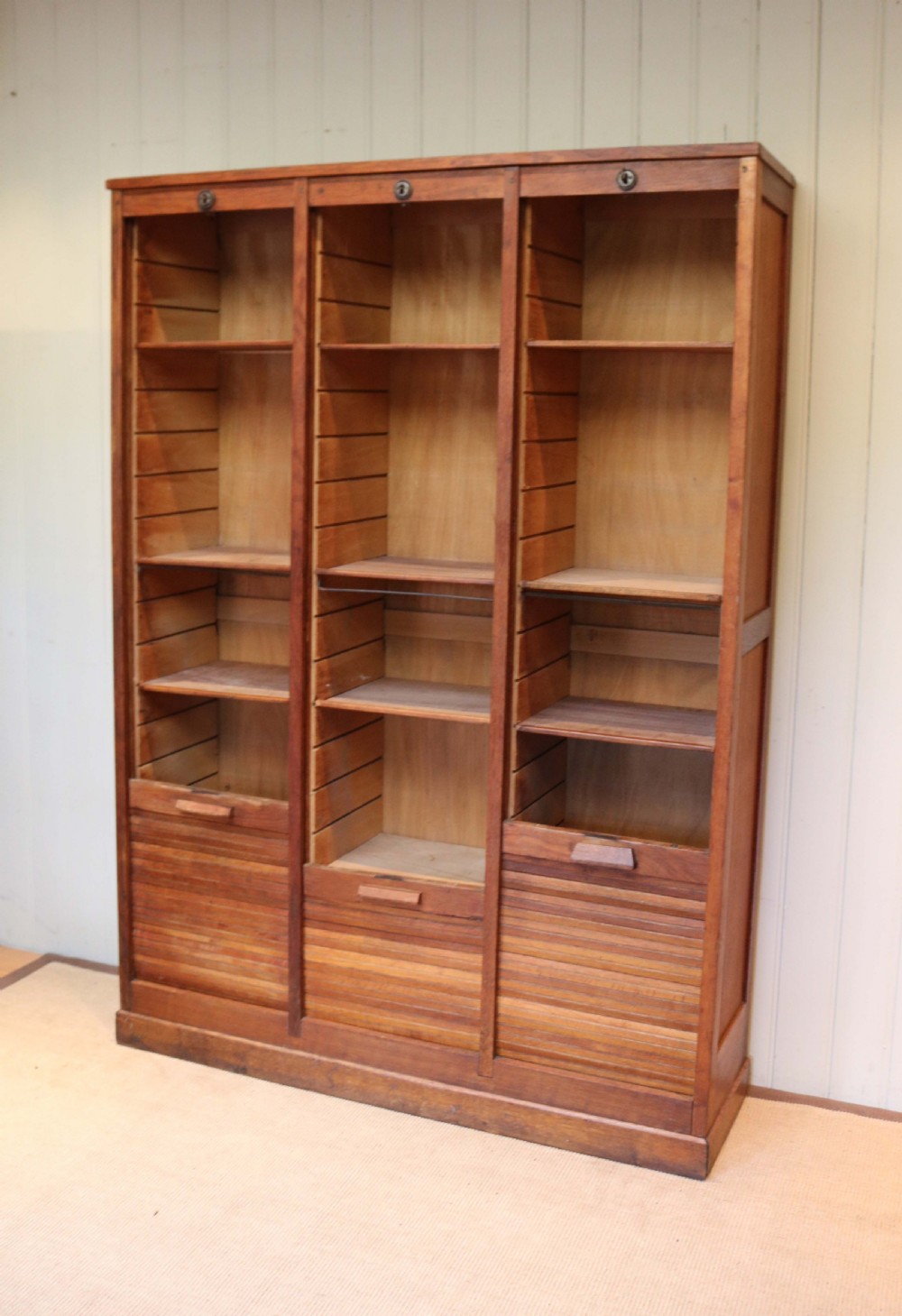 French Oak Triple Tambour Front Filing Cabinet View IV