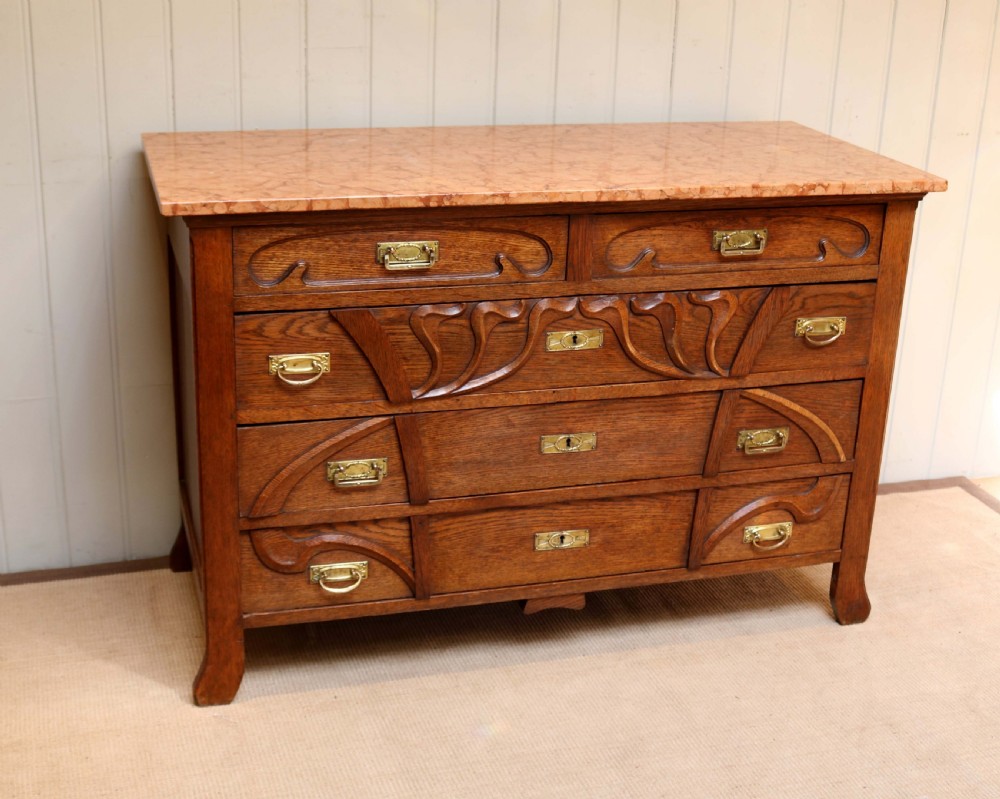 Solid Oak Art Nouveau Marble Top Chest 
