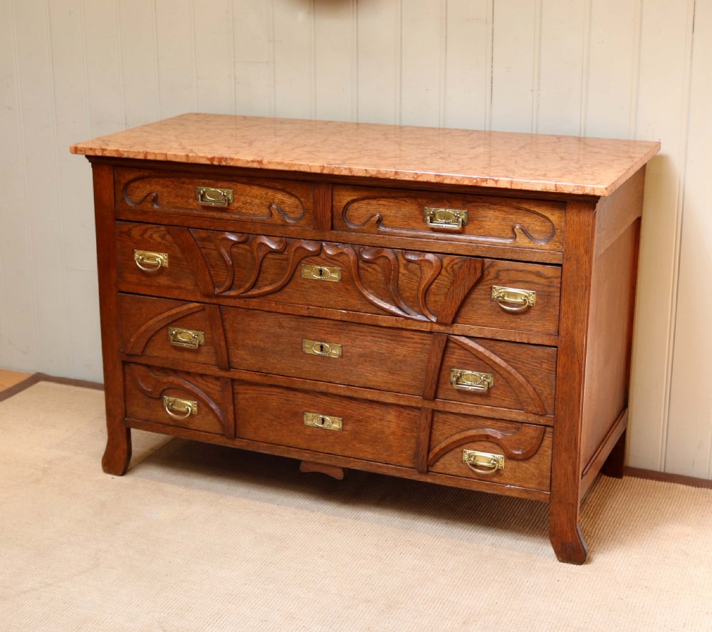 Solid Oak Art Nouveau Marble Top Chest  View III