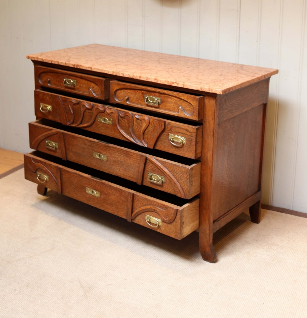 Solid Oak Art Nouveau Marble Top Chest  View IV