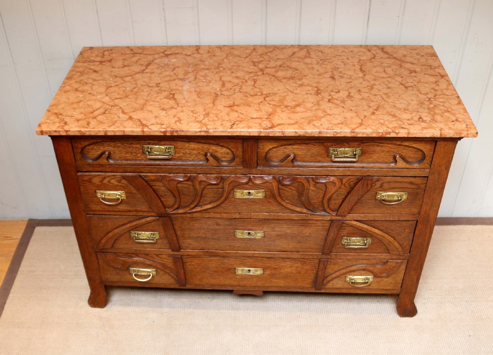 Solid Oak Art Nouveau Marble Top Chest  View V