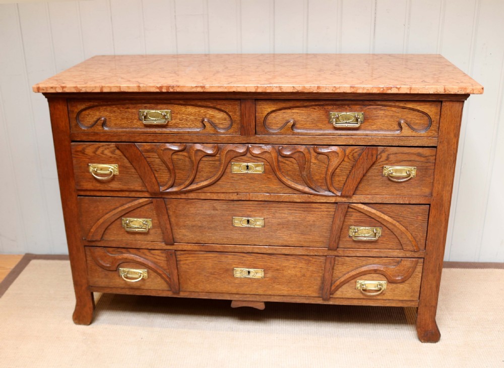 Solid Oak Art Nouveau Marble Top Chest  View VI