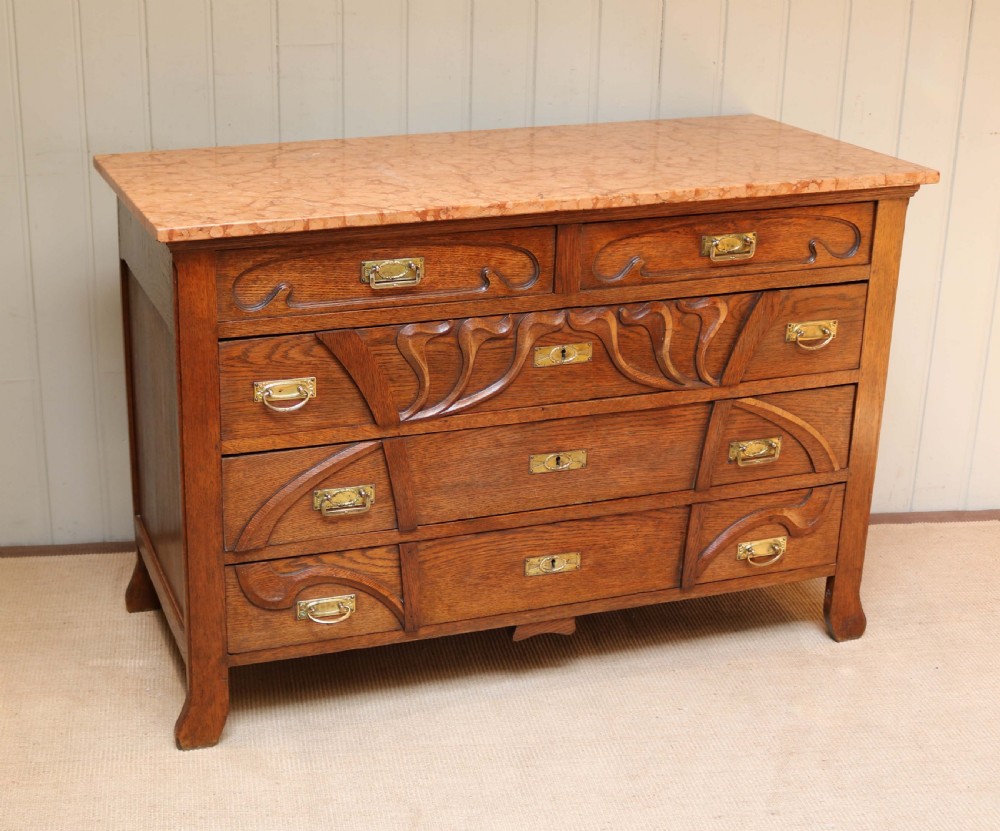 Solid Oak Art Nouveau Marble Top Chest  View VII