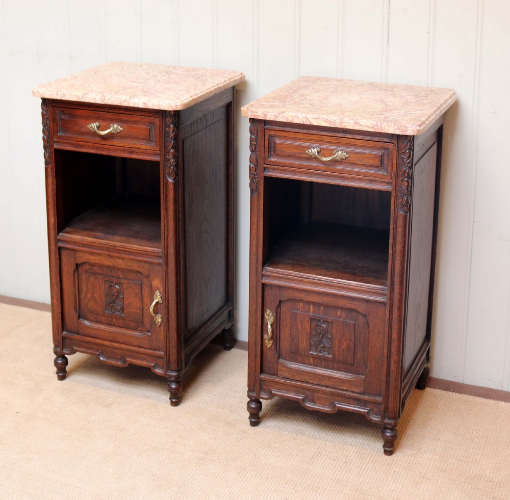 Pair Of Solid Oak Marble Top Bedside Cabinets View III