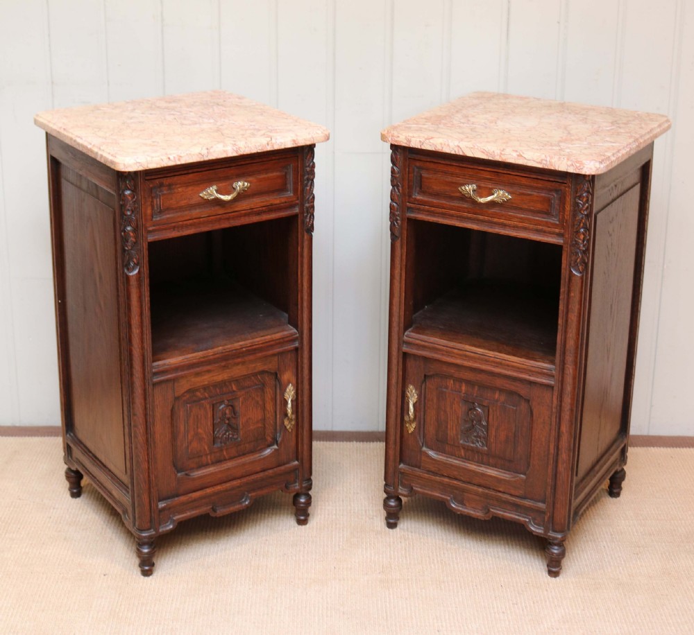 Pair Of Solid Oak Marble Top Bedside Cabinets View V