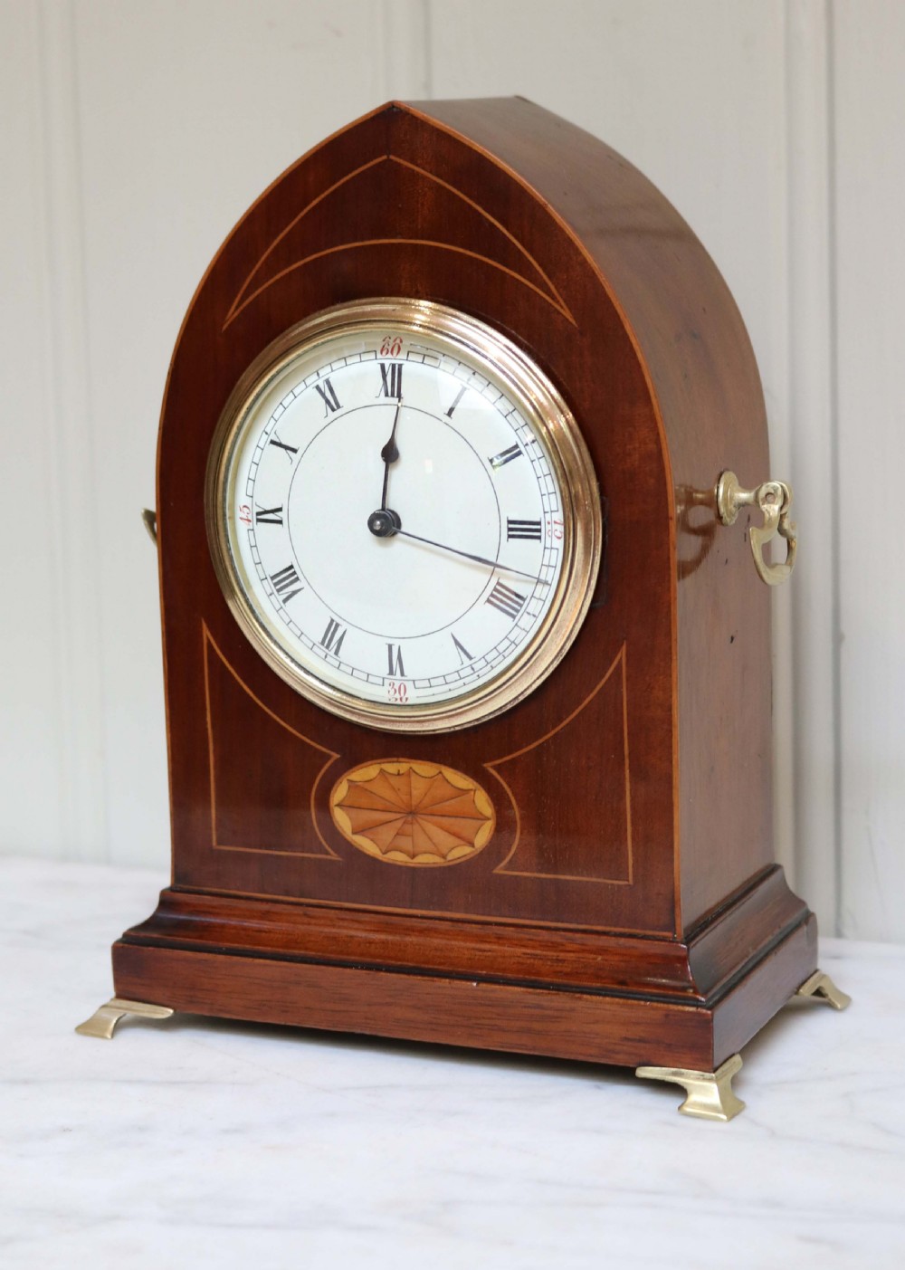 Edwardian Mahogany and Inlay Lancet Top Mantel Clock (England and France, c. 1905)
