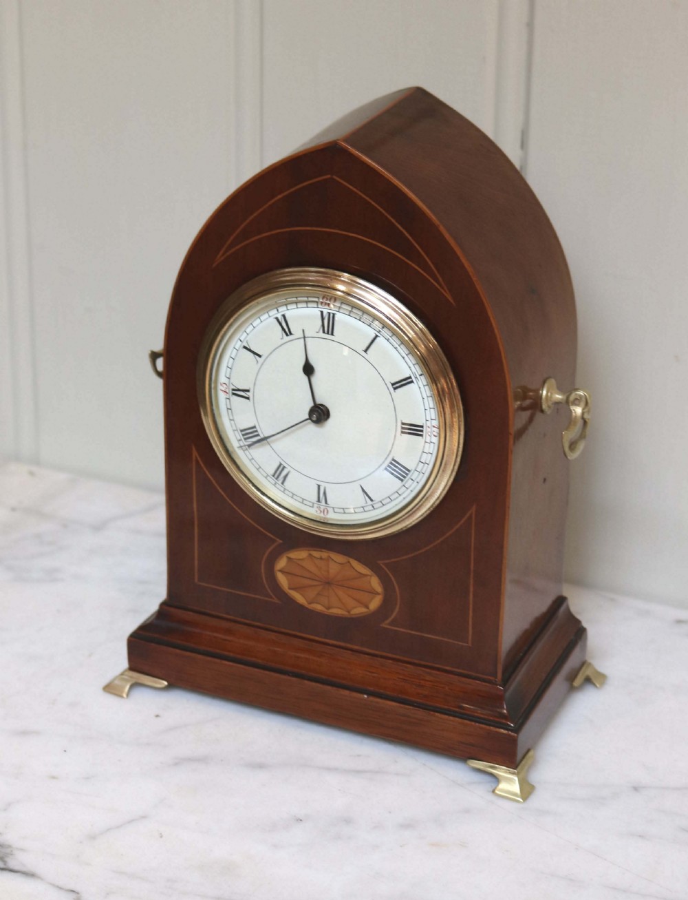 Edwardian Mahogany and Inlay Lancet Top Mantel Clock (England and France, c. 1905) View II