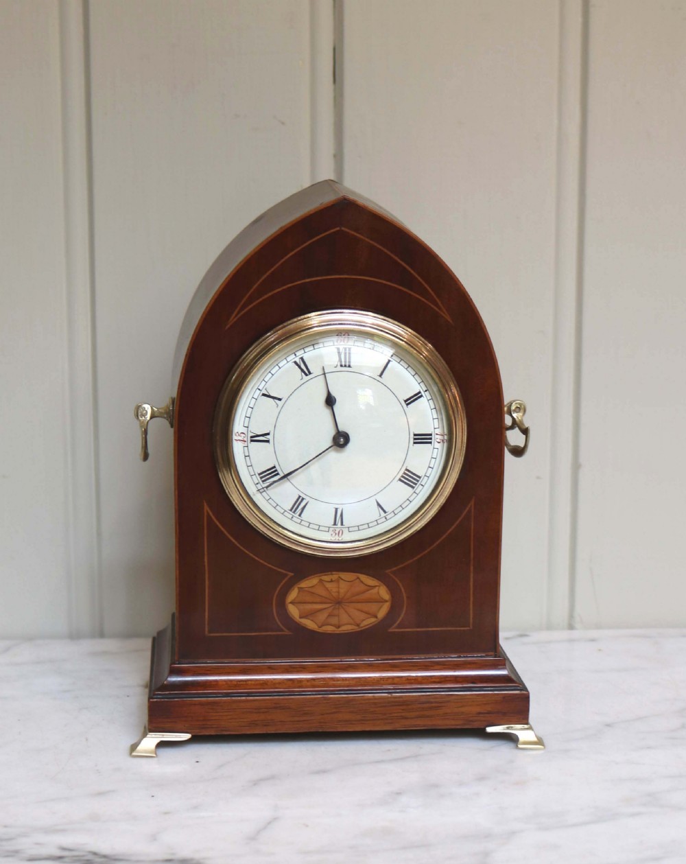 Edwardian Mahogany and Inlay Lancet Top Mantel Clock (England and France, c. 1905) View III