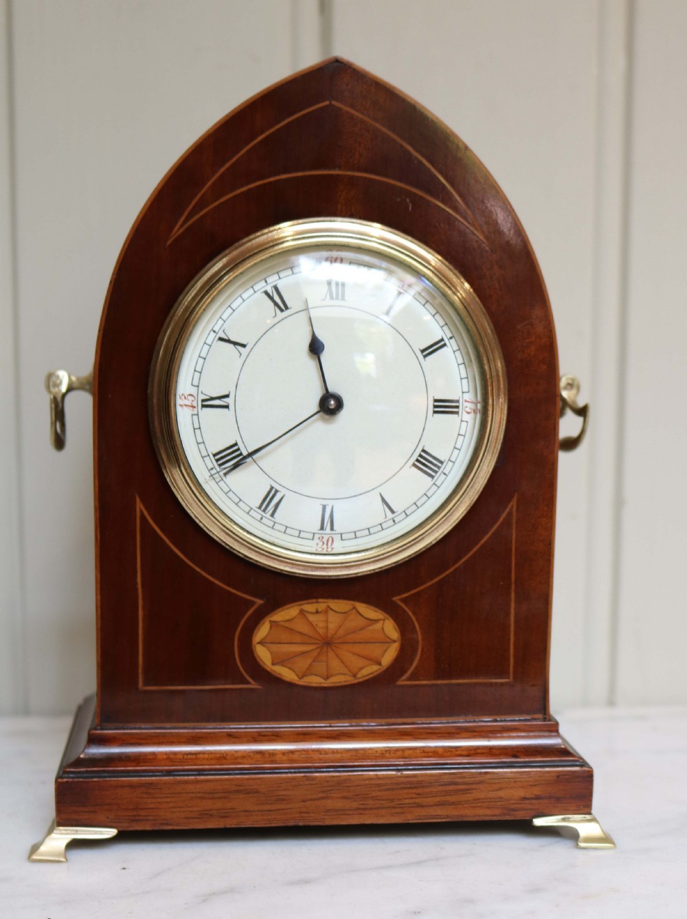 Edwardian Mahogany and Inlay Lancet Top Mantel Clock (England and France, c. 1905) View IV