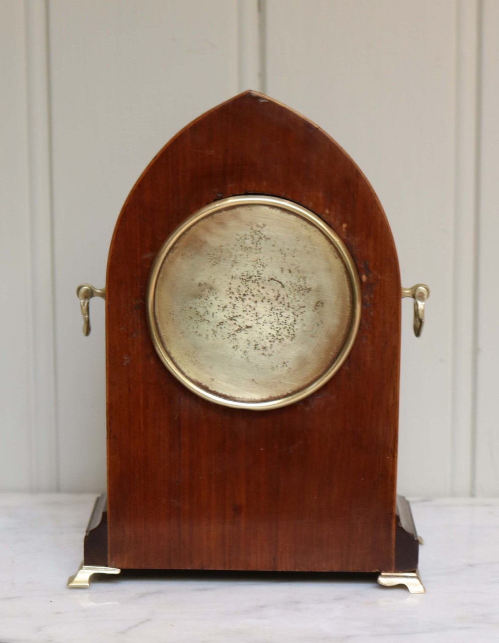 Edwardian Mahogany and Inlay Lancet Top Mantel Clock (England and France, c. 1905) View VI