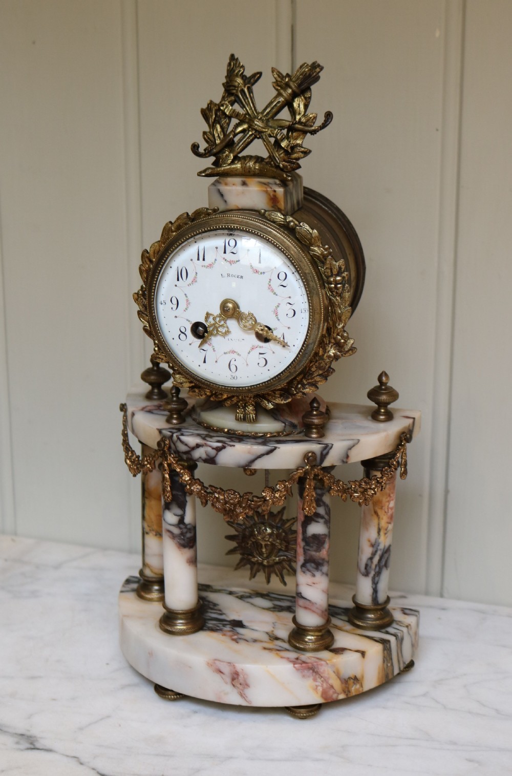Small French Marble Portico Mantel Clock (France, c. 1890) View II
