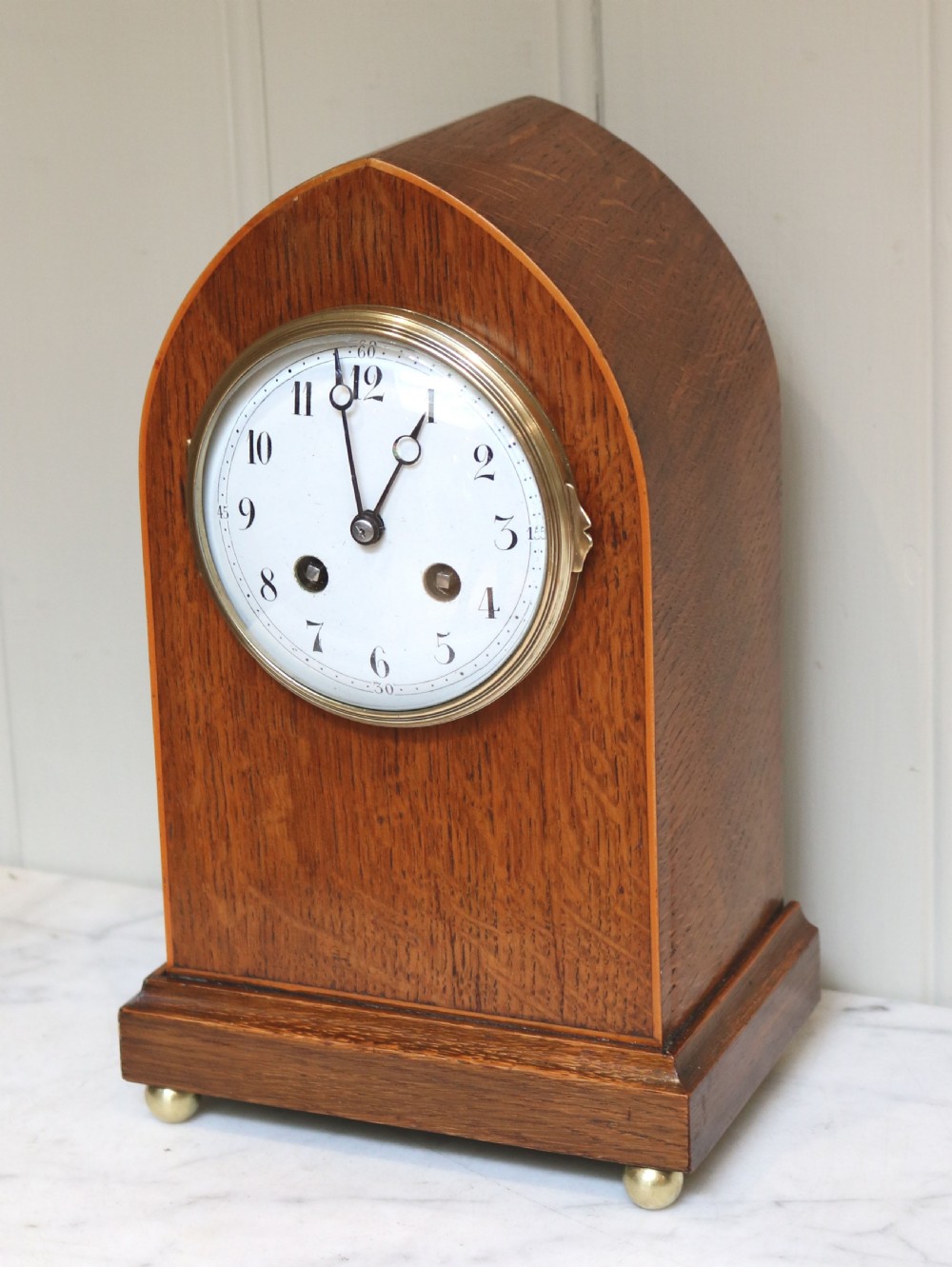 Edwardian Solid Oak Lancet Top Mantel Clock (England and France, c. 1910)