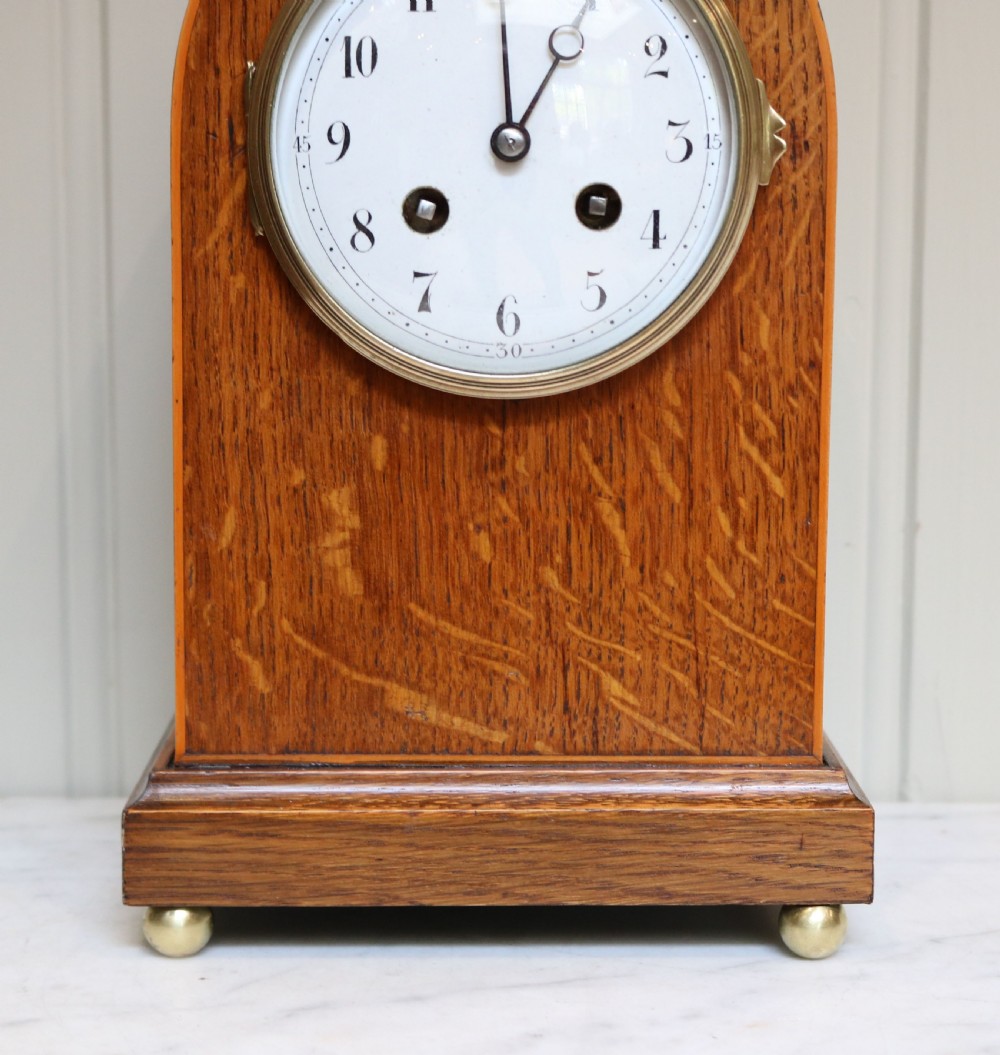 Edwardian Solid Oak Lancet Top Mantel Clock (England and France, c. 1910) View III