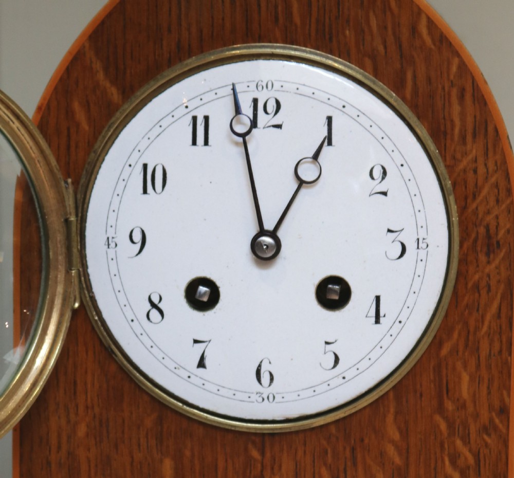 Edwardian Solid Oak Lancet Top Mantel Clock (England and France, c. 1910) View IV