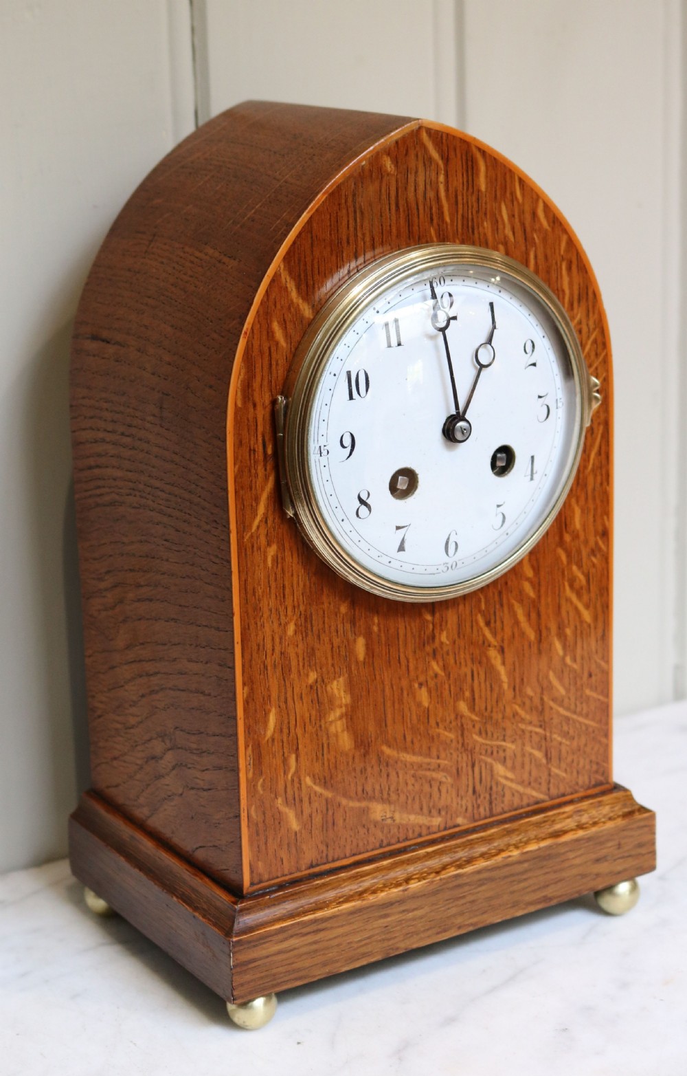 Edwardian Solid Oak Lancet Top Mantel Clock (England and France, c. 1910) View V
