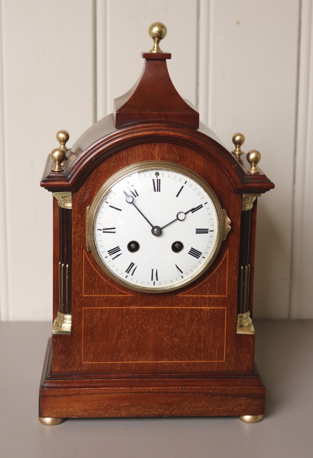 Edwardian Mahogany and Inlay Striking Mantel Clock (England and France, c. 1905) View II