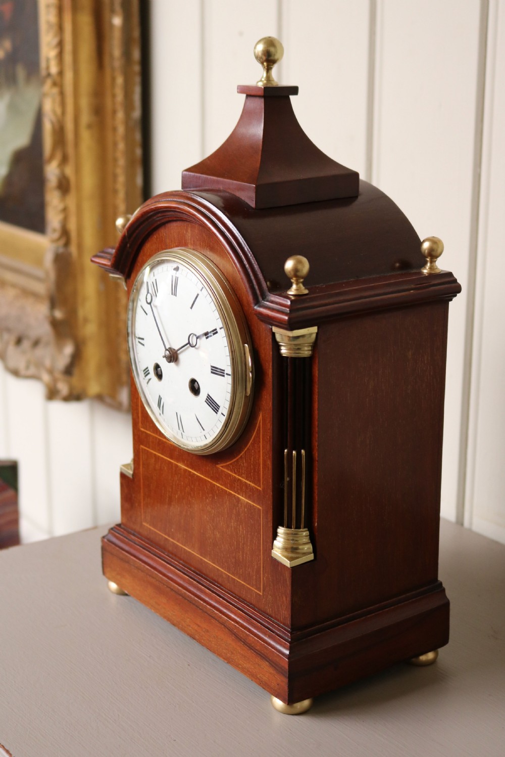 Edwardian Mahogany and Inlay Striking Mantel Clock (England and France, c. 1905) View III