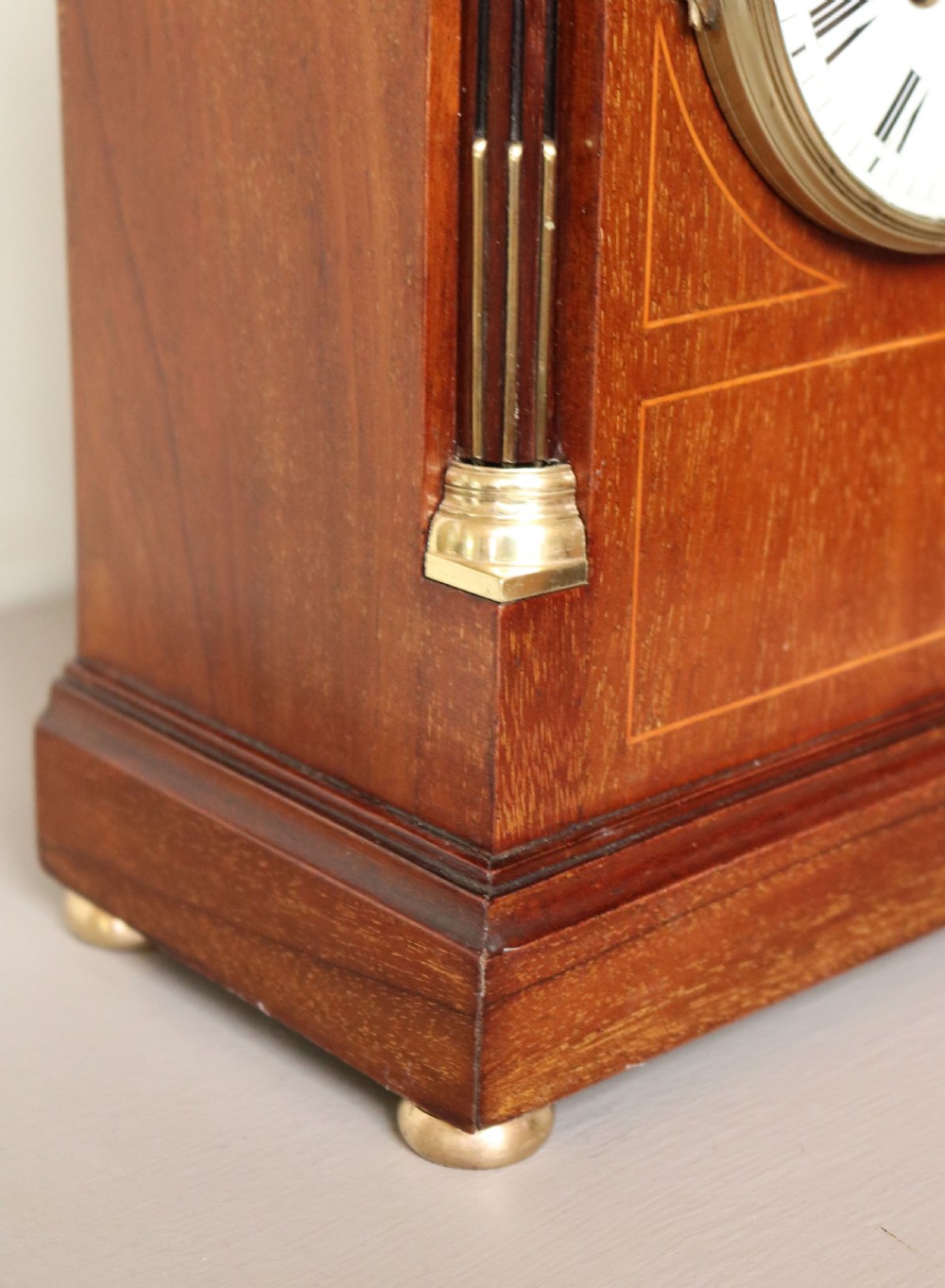 Edwardian Mahogany and Inlay Striking Mantel Clock (England and France, c. 1905) View IV