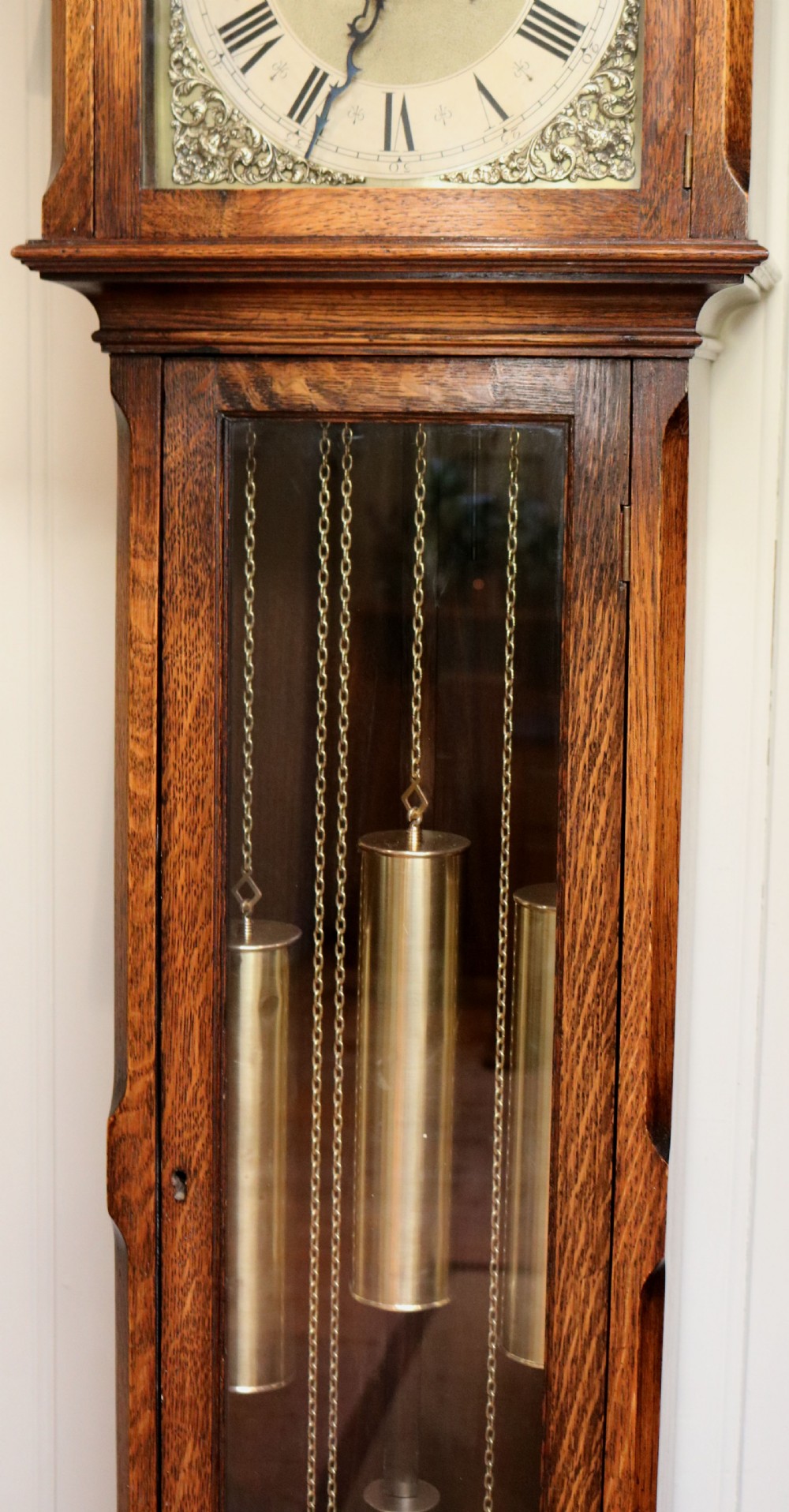 Small Oak chiming Longcase Clock (England, c. 1920) View IV