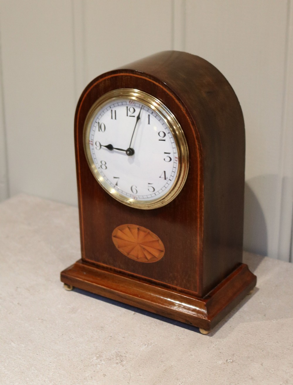 Edwardian Mahogany and Inlay Mantel Clock (England and France, 1910) View III