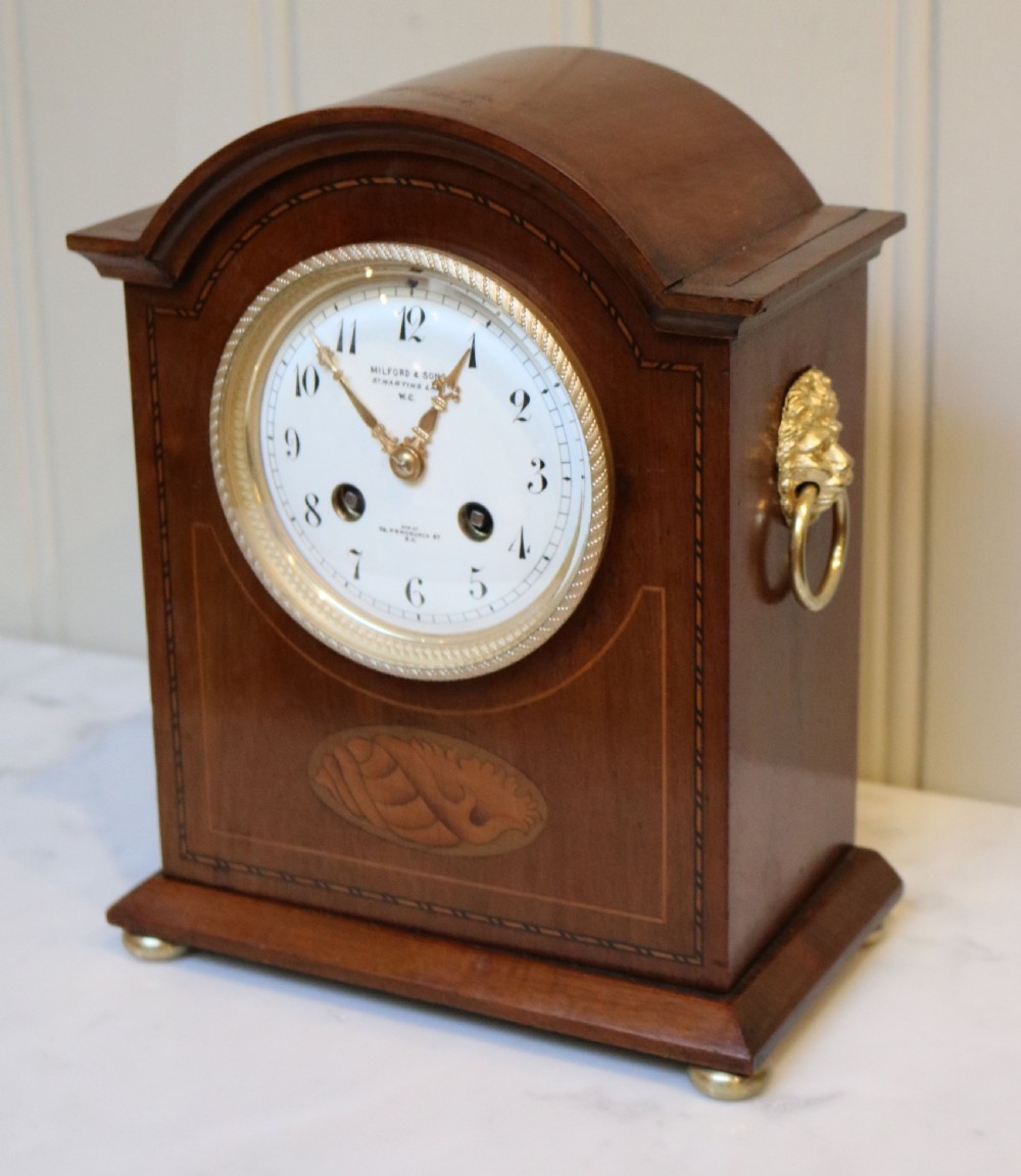 Edwardian Mahogany and Inlay Striking Mantel Clock (England and France, c. 1900) View II