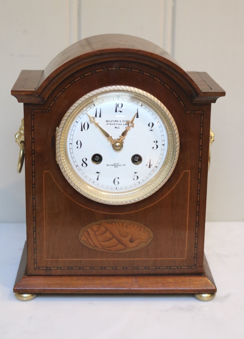 Edwardian Mahogany and Inlay Striking Mantel Clock (England and France, c. 1900) View III