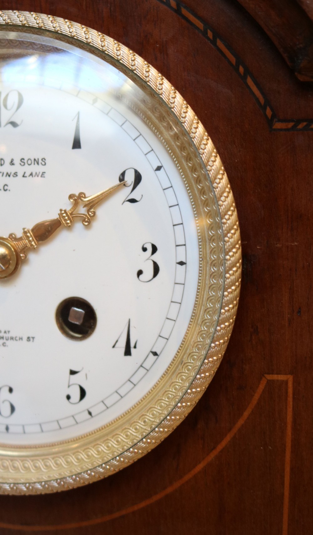 Edwardian Mahogany and Inlay Striking Mantel Clock (England and France, c. 1900) View VI