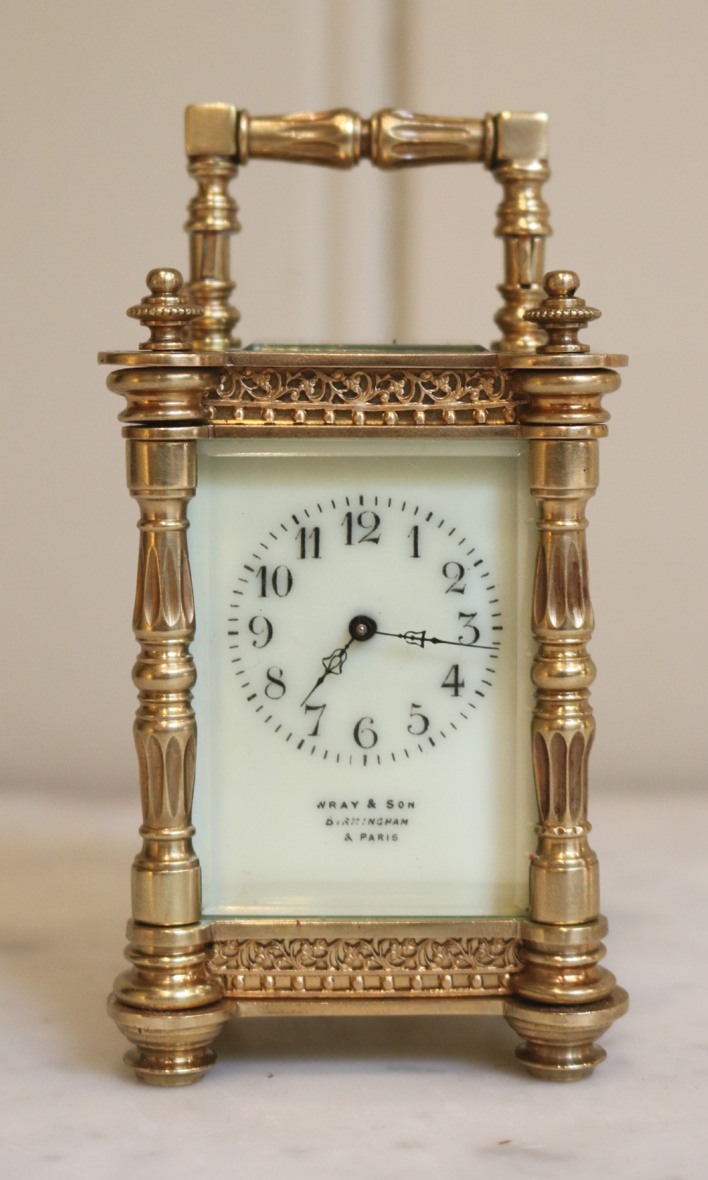 Miniature Brass Carriage Clock in Case. (France, c. 1900)