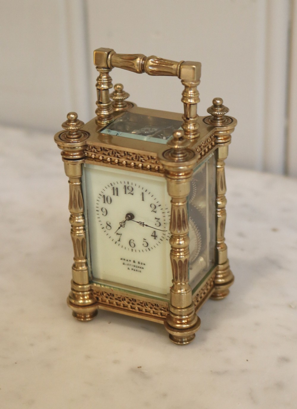 Miniature Brass Carriage Clock in Case. (France, c. 1900) View V