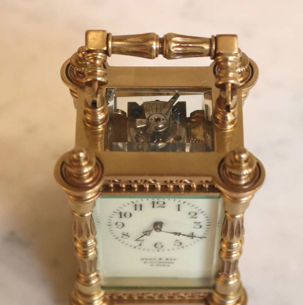 Miniature Brass Carriage Clock in Case. (France, c. 1900) View XII