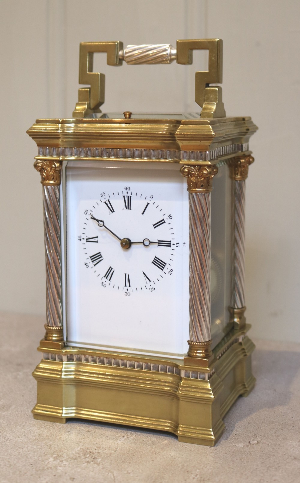 Large Brass and Silver Plate Corinthian Carriage Clock (France, c. 1900) View III