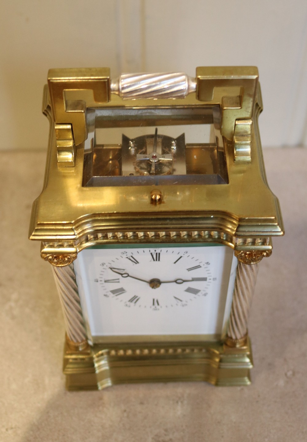 Large Brass and Silver Plate Corinthian Carriage Clock (France, c. 1900) View VII
