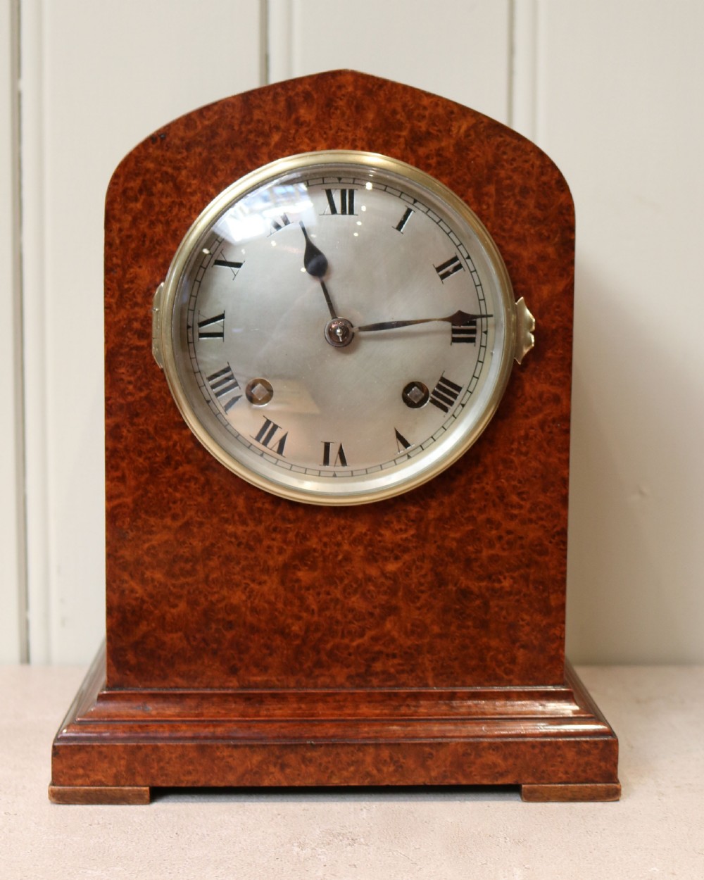 Burr Maple Striking Mantel Clock (England, c. 1915) View II