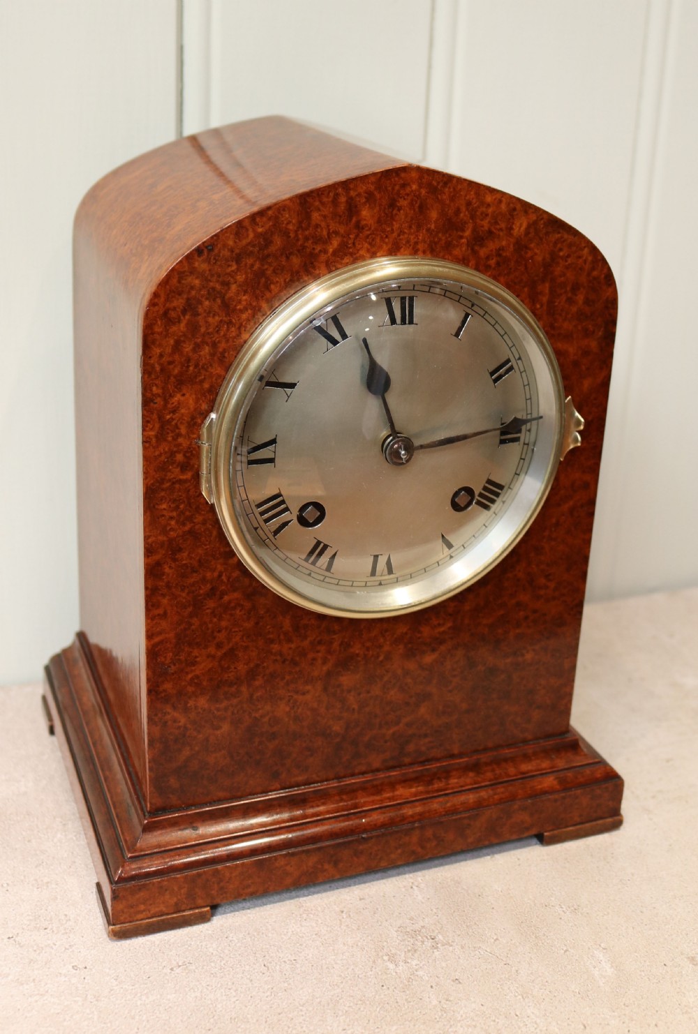 Burr Maple Striking Mantel Clock (England, c. 1915) View III