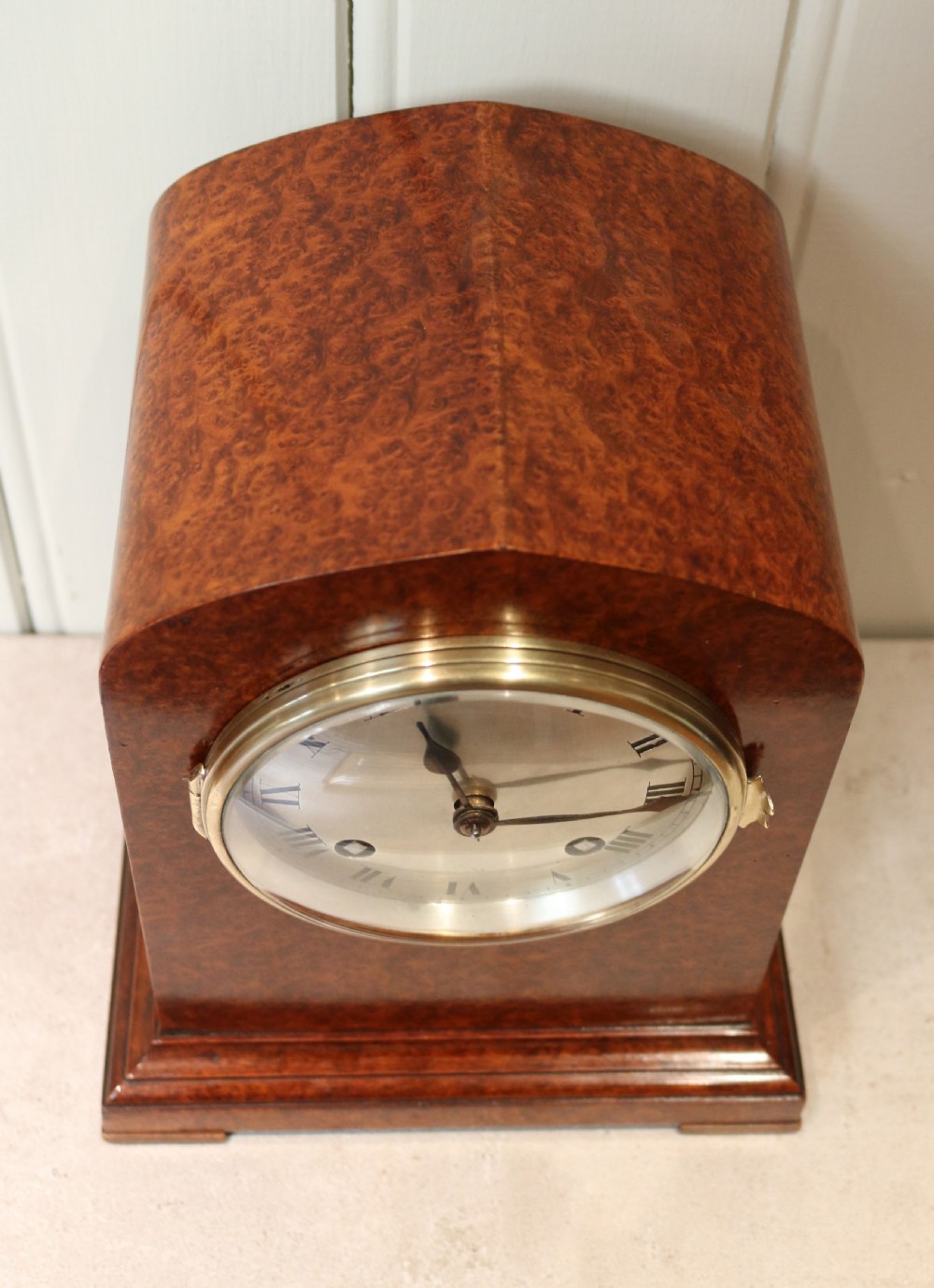 Burr Maple Striking Mantel Clock (England, c. 1915) View V